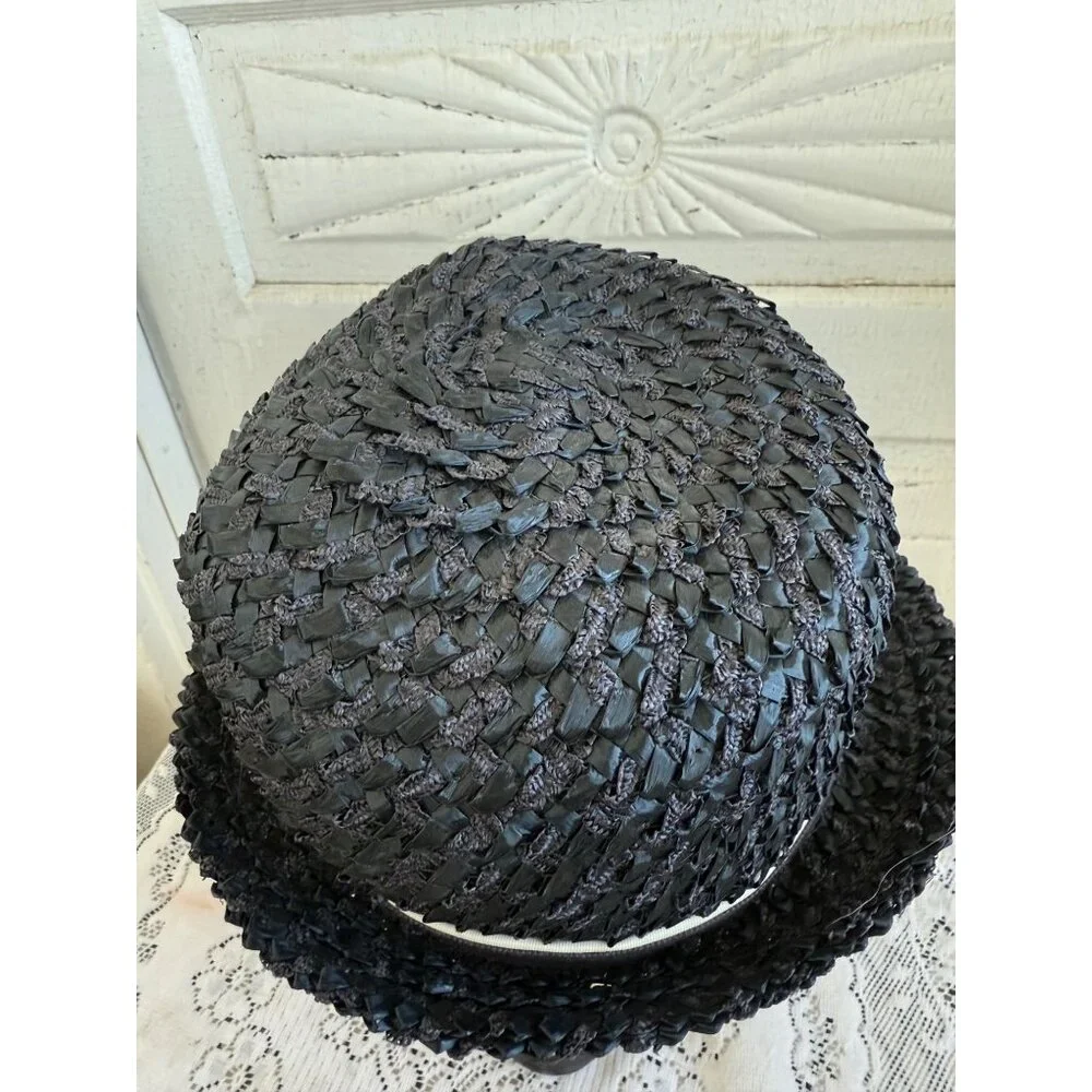 Vintage 1950s Raffia Straw Blue Womens Fedora Style Hat - Picture 6 of 9
